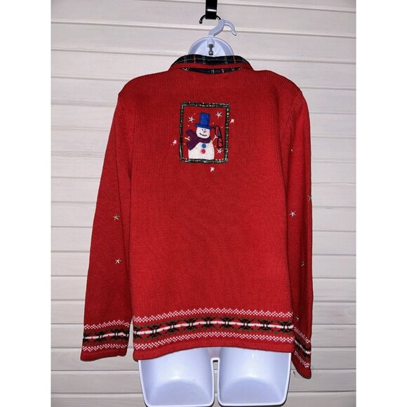 Planet & Company Sz MEDIUM Red Snowman Full Zip Sweater Plaid Collar EUC - Picture 8 of 10